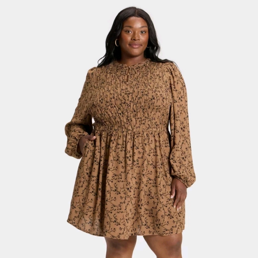 NWT Tan Floral Long Sleeve Smocked Mini Dress Size 1X